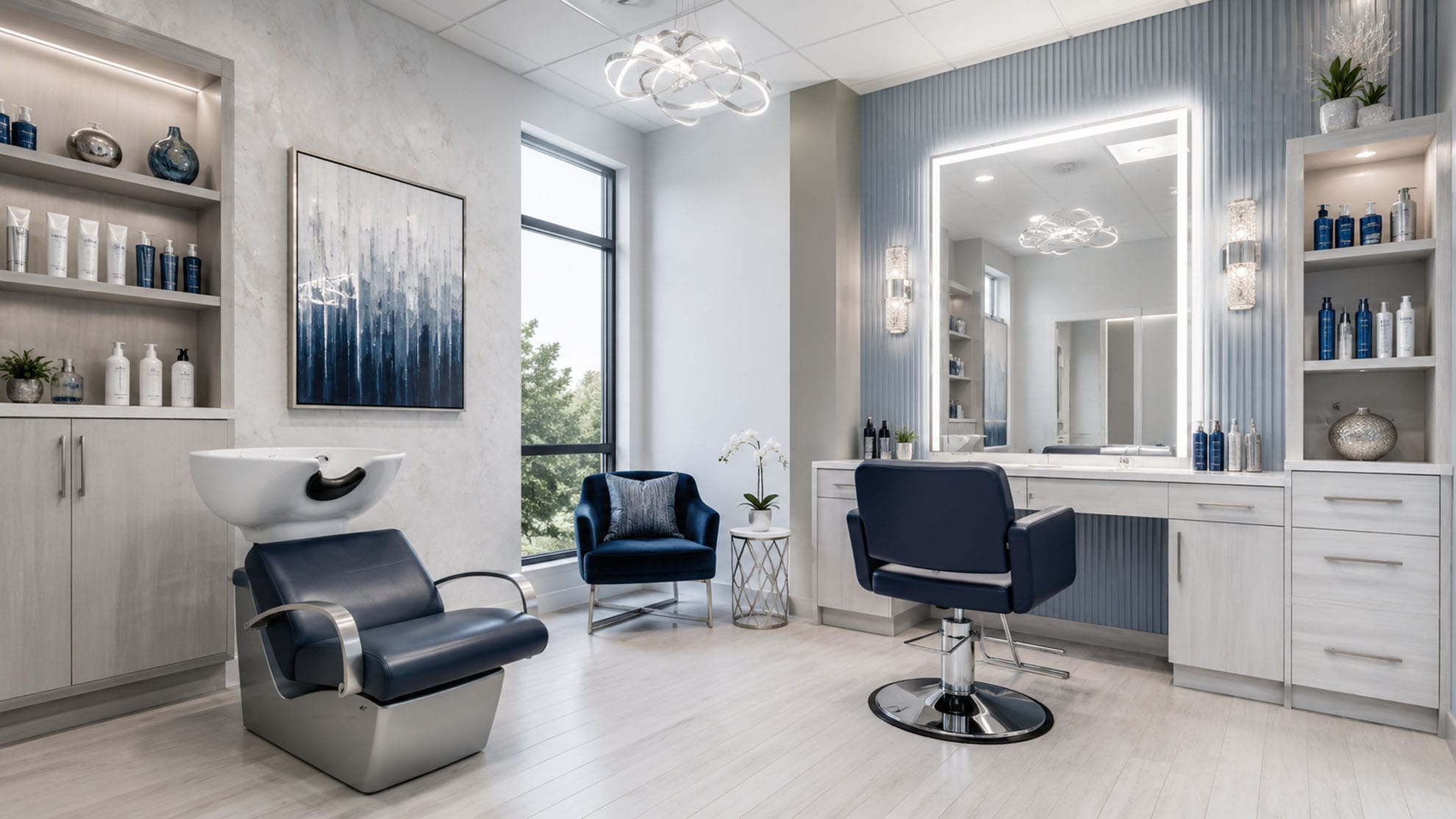 Modern salon interior with a wash station, styling chair, large mirror, shelves of hair products, two blue armchairs, and decorative artwork in a bright, clean space.