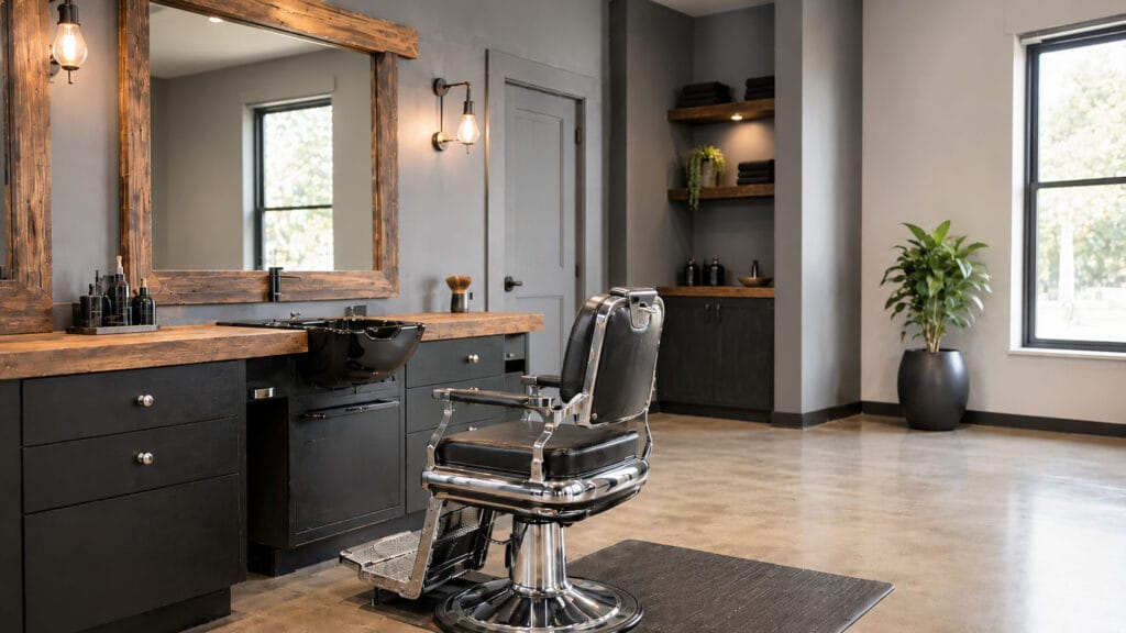 Barber chair in front of a mirror and sink in a modern, clean barbershop with black cabinets, wooden countertop, and potted plant by a window.