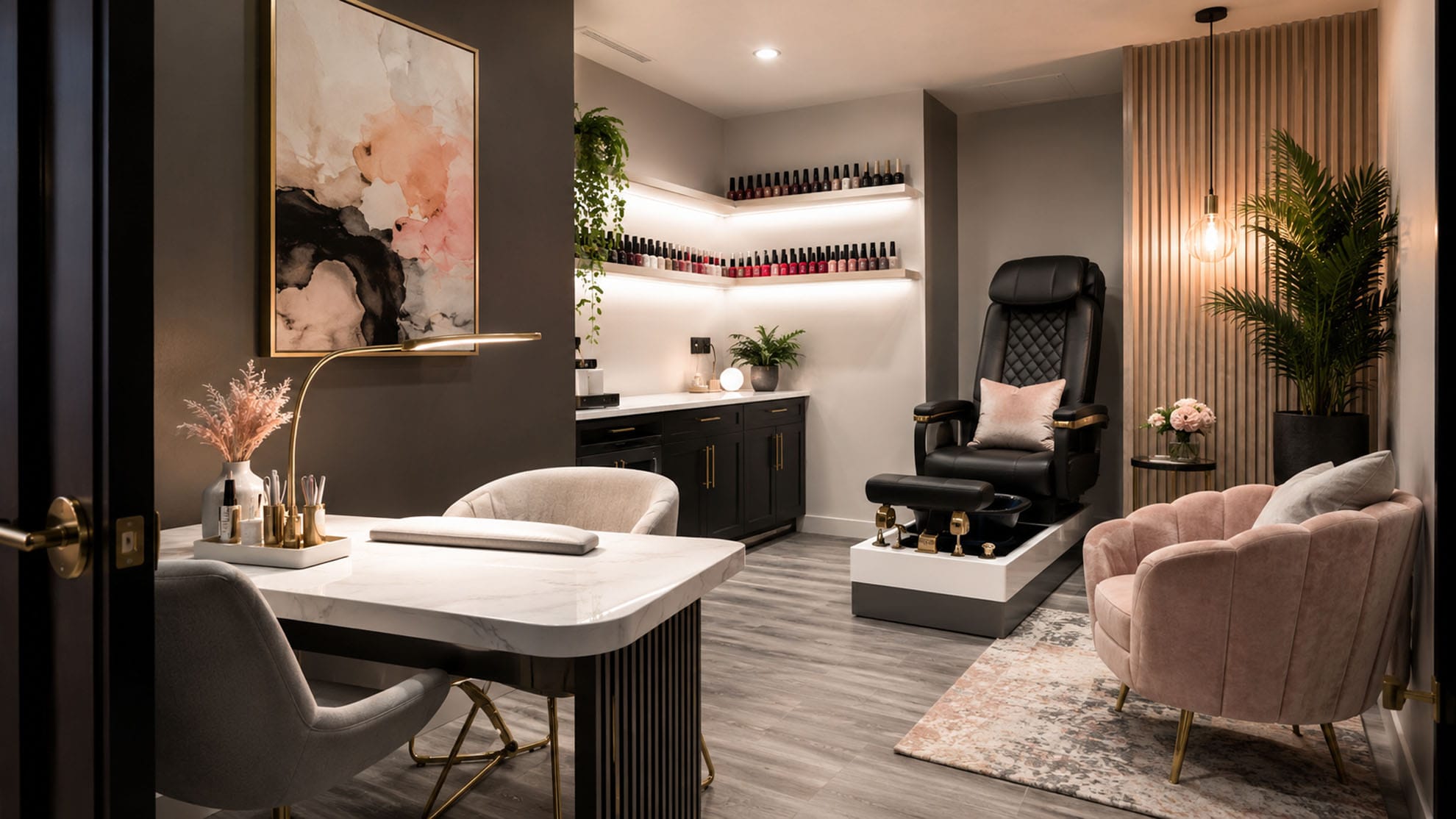 Modern nail salon interior with a manicure table, pedicure chair, shelves of nail polish, pink armchairs, plants, and soft lighting.