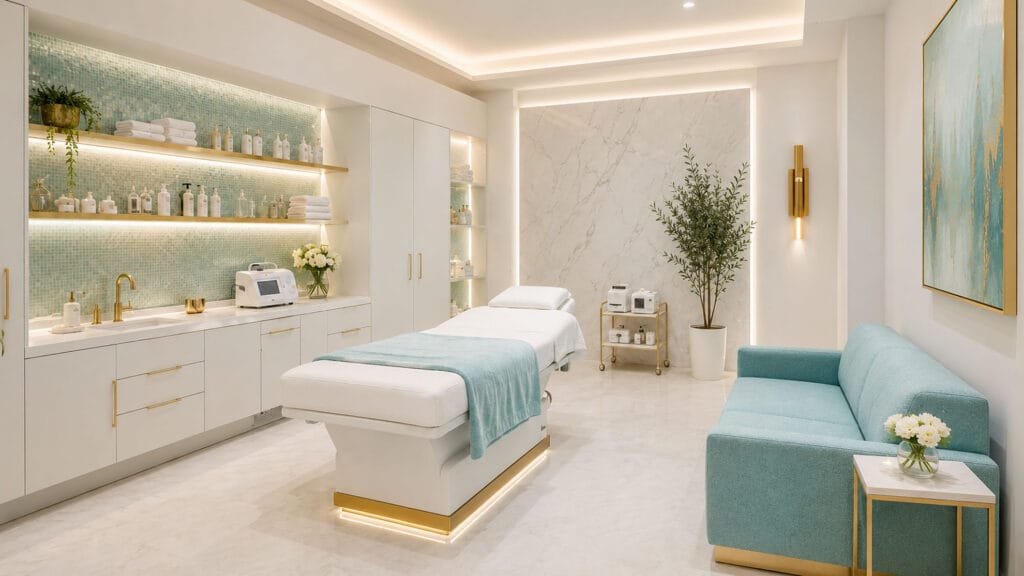 Modern spa treatment room with a central massage table, teal accents, built-in shelves with products, a teal sofa, and soft ambient lighting.