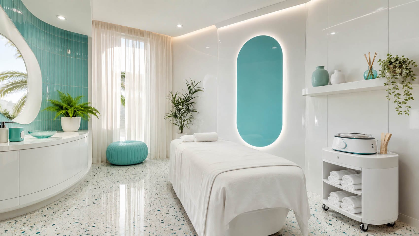 A modern spa room with a massage table, turquoise accents, indoor plants, and neatly organized shelves creates a relaxing atmosphere—ideal for discussing the leasing process or finalizing your lease agreement in comfort.