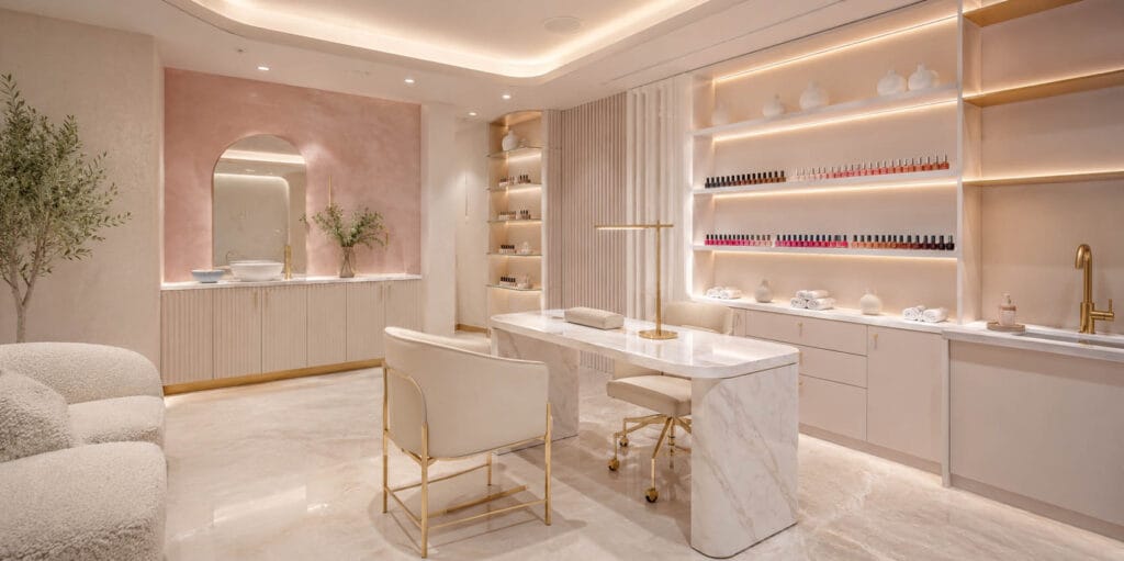 Modern nail salon interior with marble manicure table, white and gold chairs, shelves of nail polish, soft lighting, and minimalist decor—an inviting space perfect for your lease application or rental agreement needs.