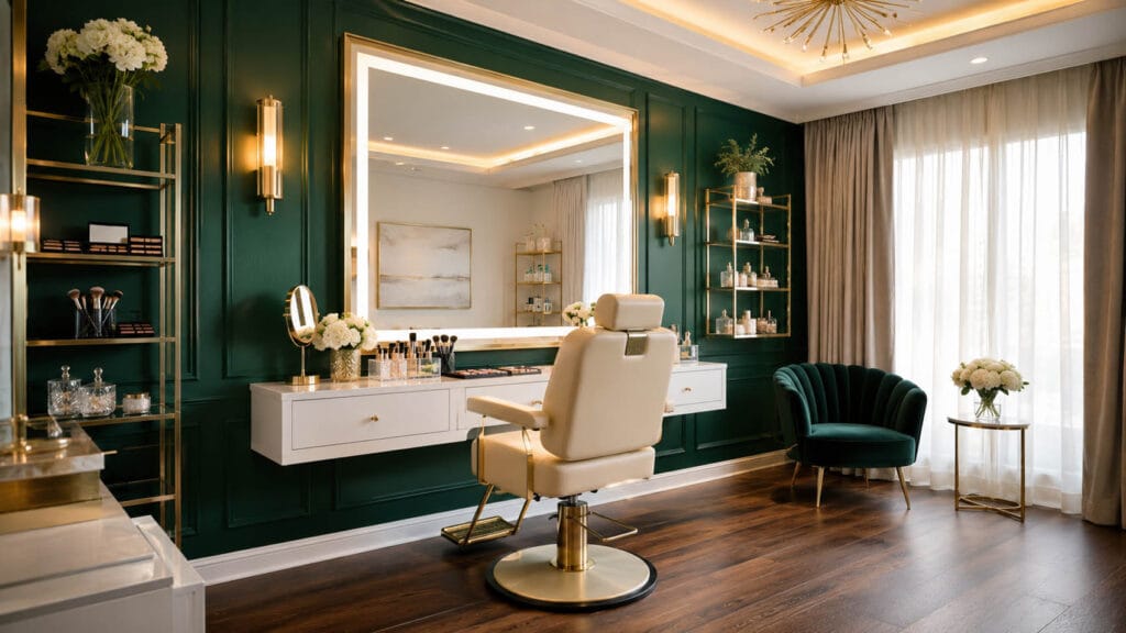 A modern beauty salon with a green accent wall, large illuminated mirror, makeup display, white salon chair, velvet armchair, and floor-to-ceiling window with sheer curtains—perfect for your next leasing process or rental application.