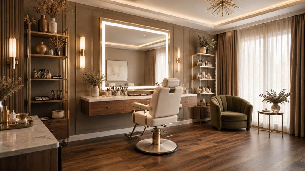 Modern beauty salon interior with a central vanity station, large illuminated mirror, shelves of beauty products, a green chair, wood flooring, and natural light from large windows—ideal for showcasing during the leasing process.