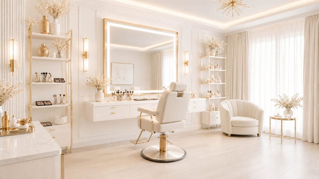 Elegant beauty salon with white and gold decor, featuring a central styling chair, large mirror, shelves with cosmetics, and a round armchair by a window—ready for your business to thrive once your lease agreement is finalized.