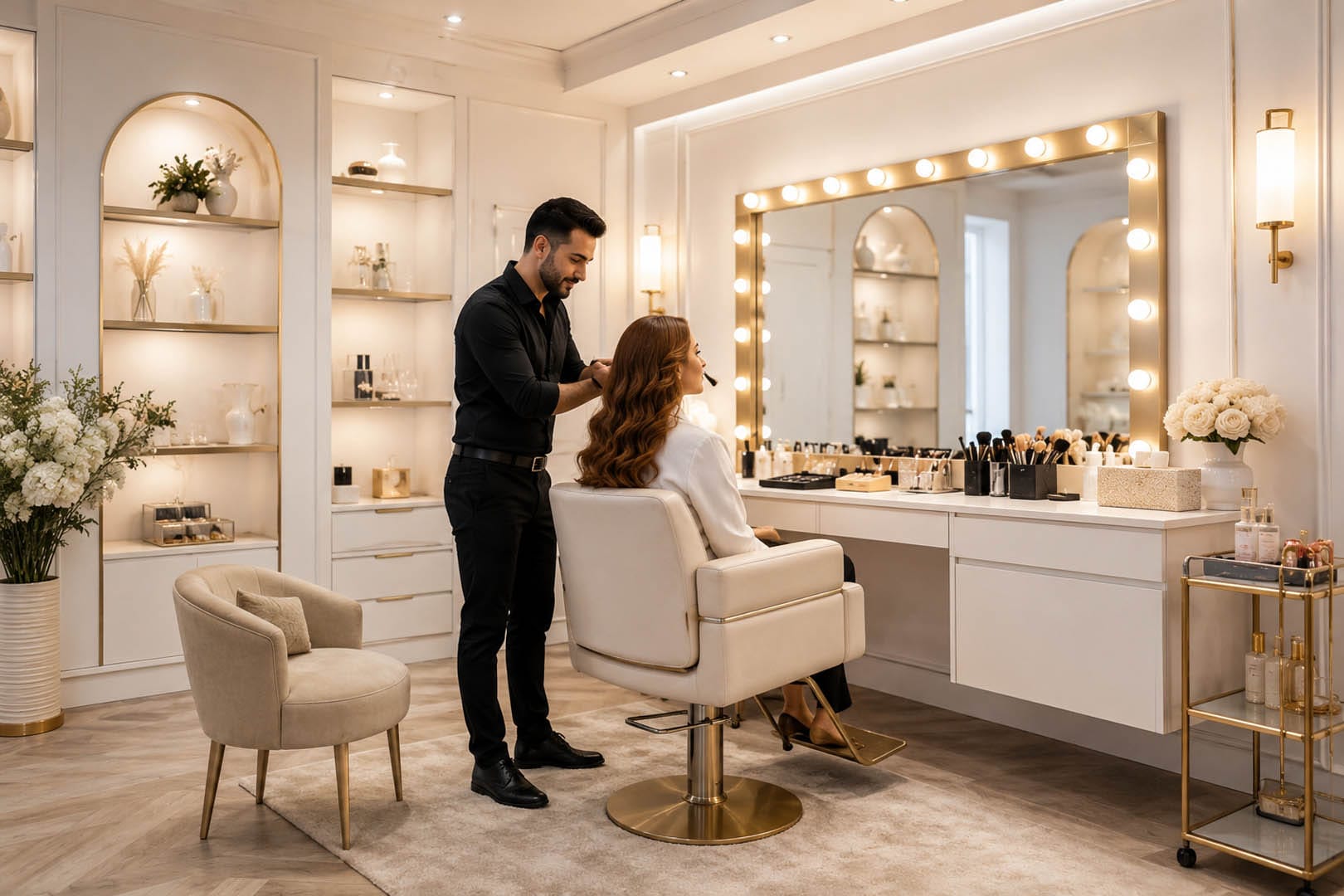 A hairstylist stands behind a seated woman in a modern, well-lit salon, styling her hair in front of a large vanity mirror with lights—reminiscent of the attention to detail found in the leasing process for premier salon spaces.