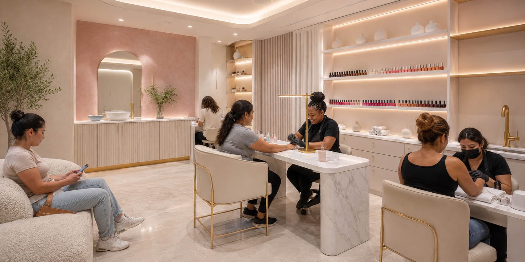 People sit at marble tables in a modern nail salon, with technicians providing manicures. Shelves with nail polish bottles are visible on the wall, reflecting the stylish design created after a smooth leasing process.