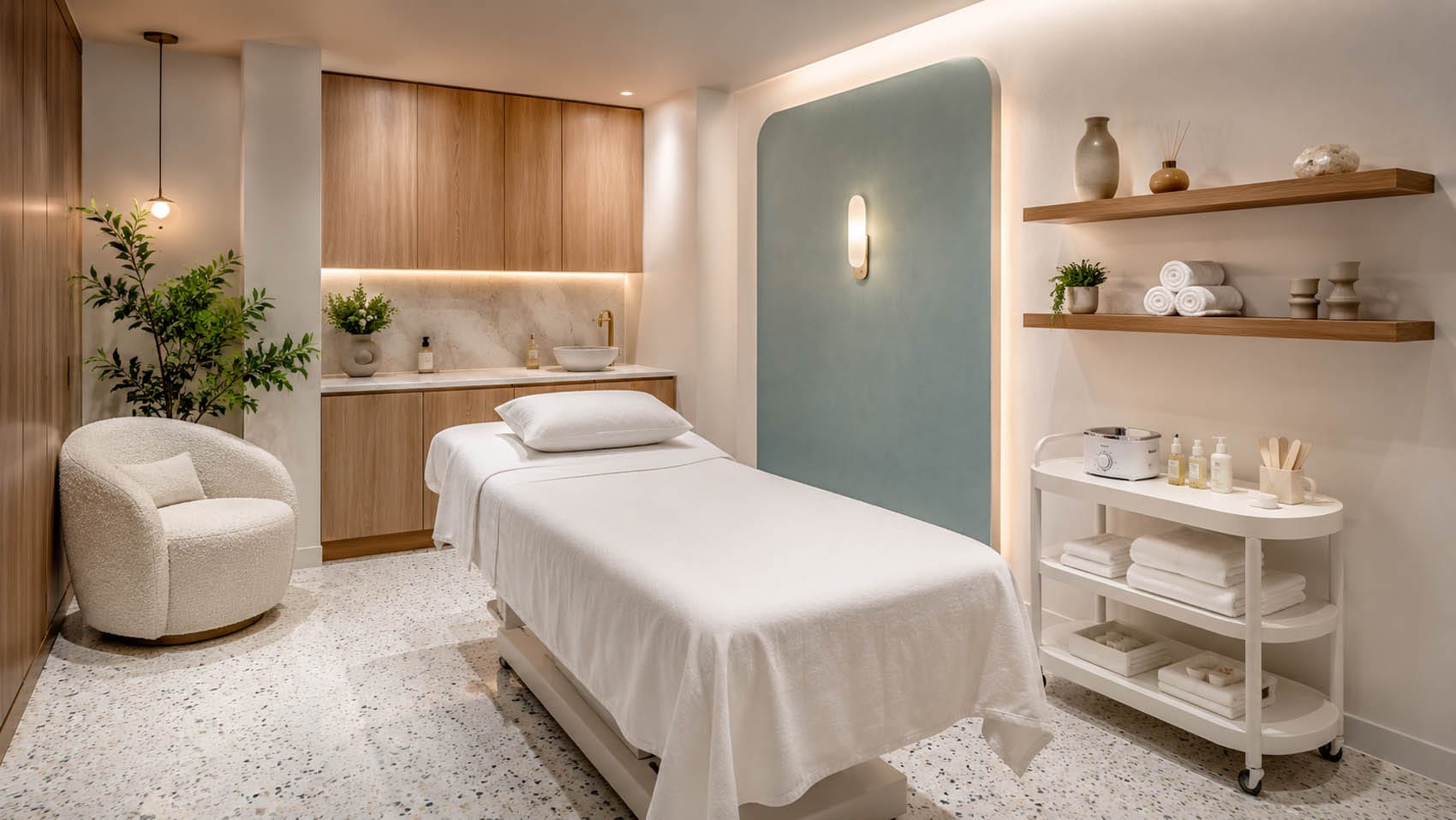 Modern spa treatment room with a massage table, comfortable chair, wooden cabinets, floating shelves with towels, and soft lighting—ideal for those exploring the leasing process or wanting to understand how to lease such a serene space.
