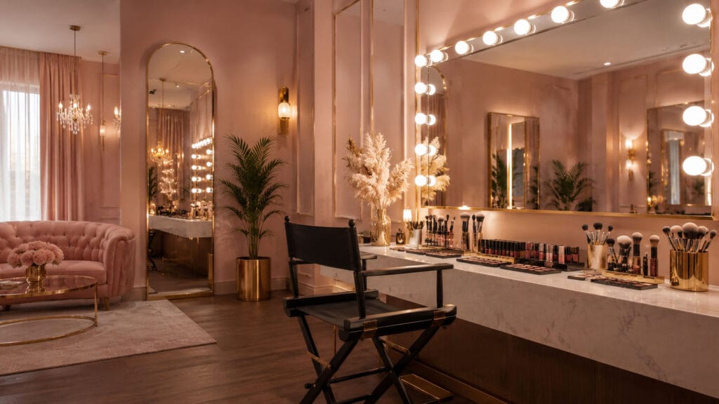 A luxurious makeup room with a vanity table, mirror surrounded by bulbs, cosmetic products, pink sofa, gold accents, and decorative plants.