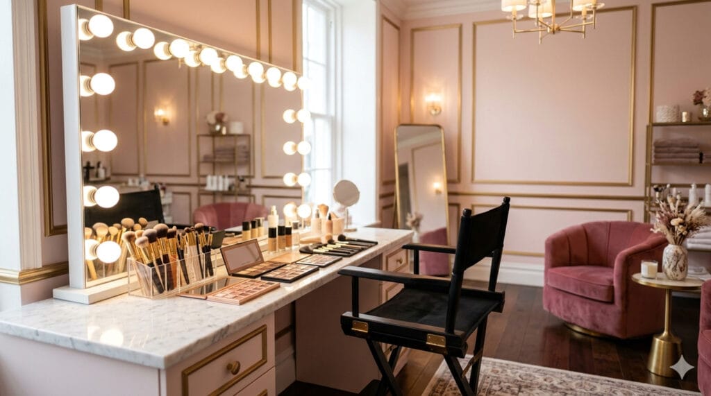 A makeup vanity with lights, assorted brushes, and palettes sits beside a black chair in an elegant room with pink walls, gold trim, and plush seating.