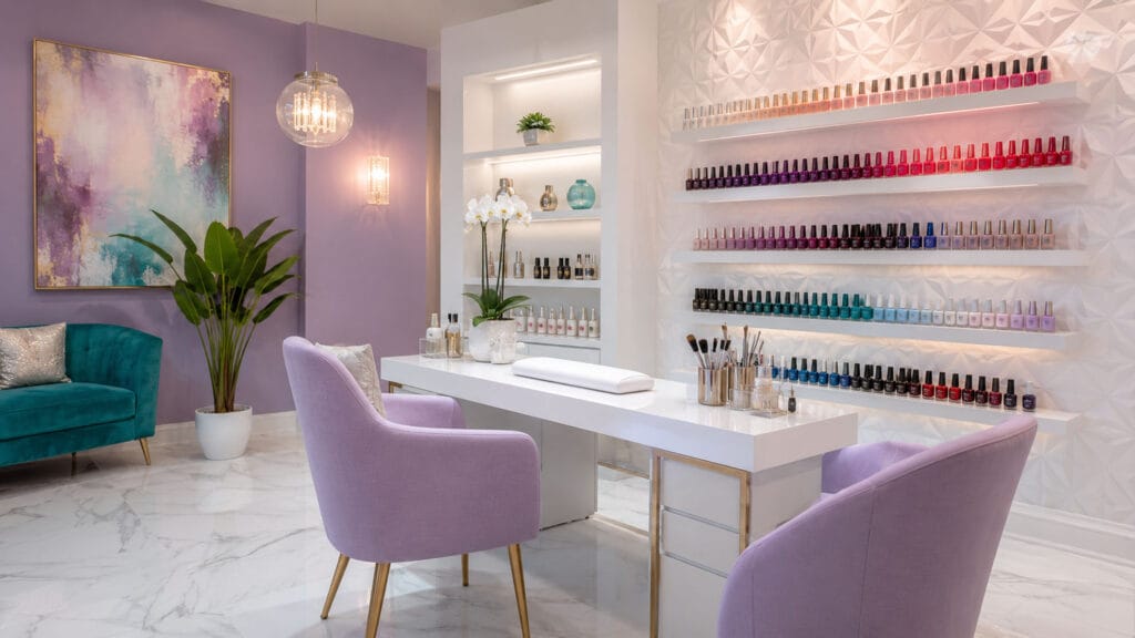 A modern nail salon with lavender chairs, a white manicure table, shelves of nail polish, potted plants, and abstract wall art on purple and white walls.