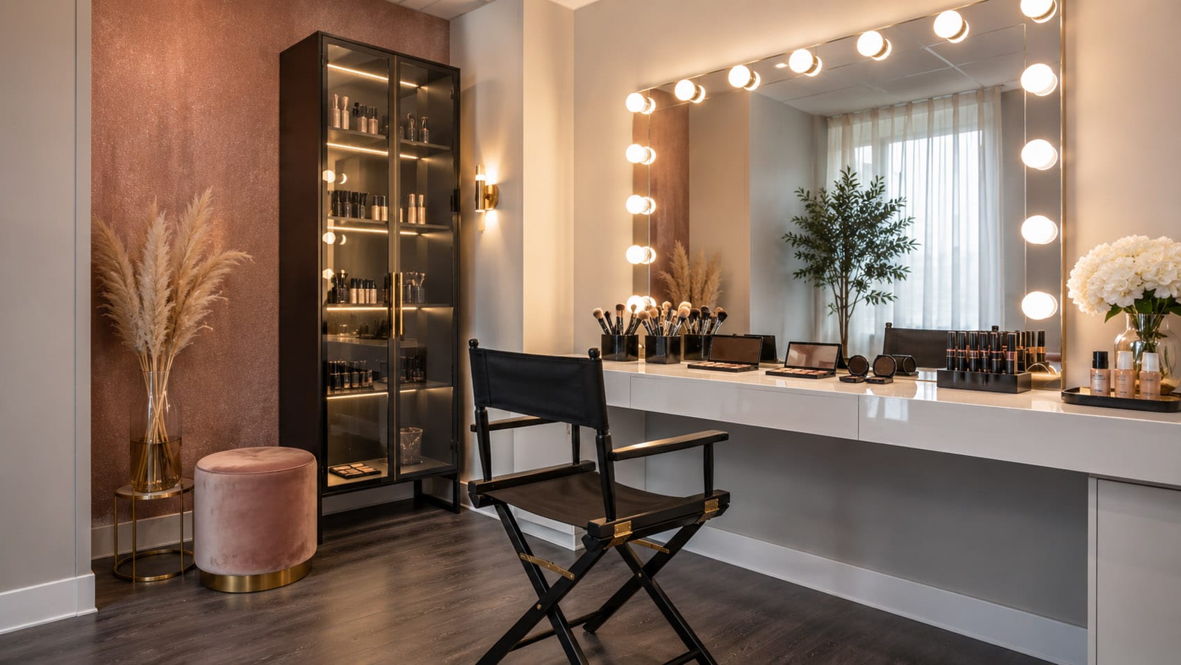 A modern makeup studio with a vanity mirror framed by lights, a black chair, a display cabinet with cosmetics, and decorative plants and flowers.