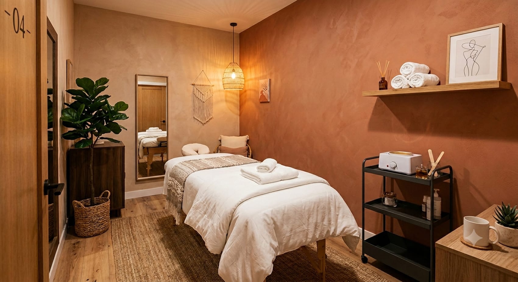 A neatly arranged spa treatment room with a massage table, towels, a shelf with decor, a potted plant, and soft ambient lighting.