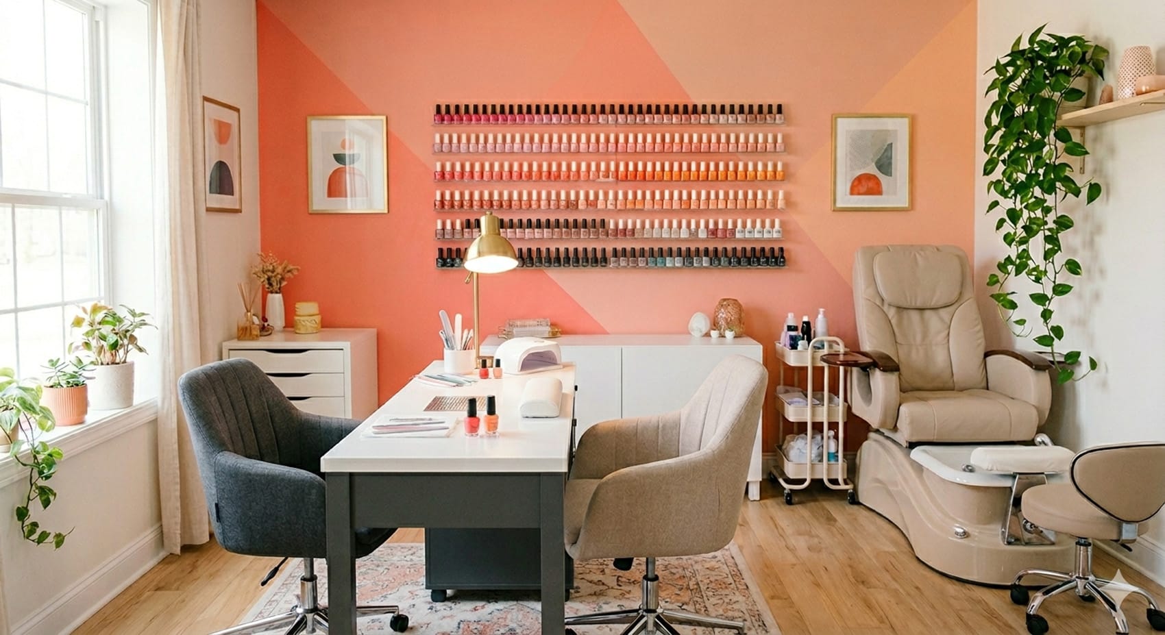 A modern nail salon with a white table, two chairs, a pedicure chair, wall shelves of nail polish, plants, and geometric wall art.