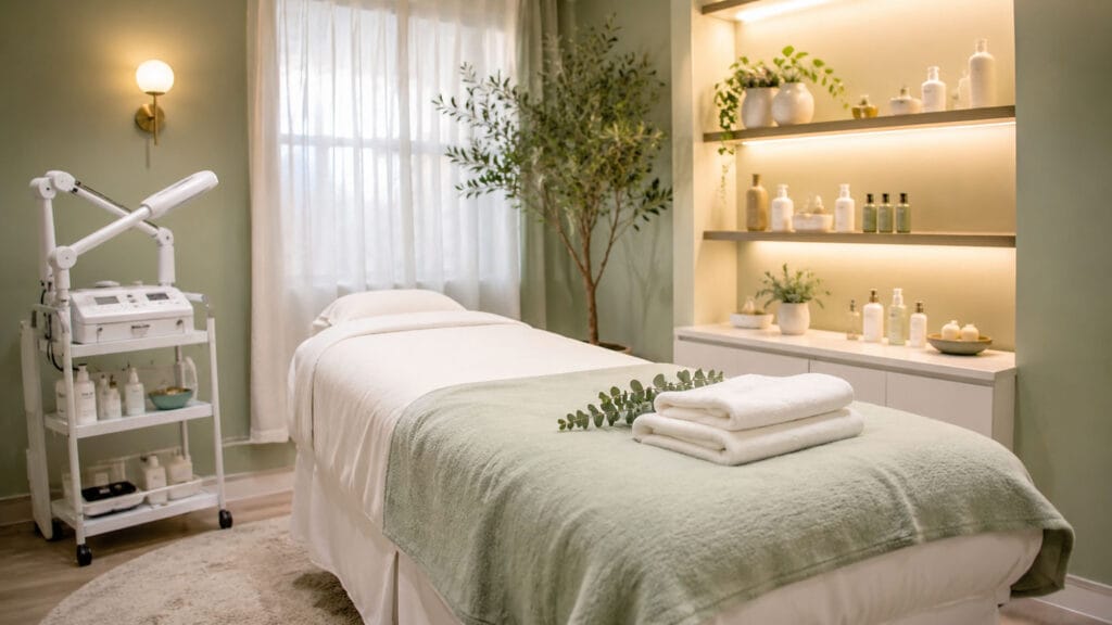 A massage table with folded towels and eucalyptus branches in a softly lit spa room, surrounded by shelves holding various bottles and skincare products.