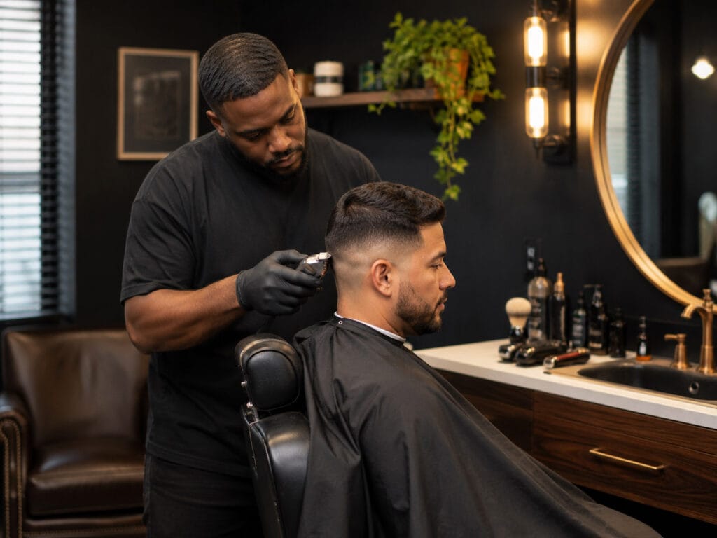 A barber in black clothing and gloves uses clippers to trim the hair of a seated man in a modern barbershop.