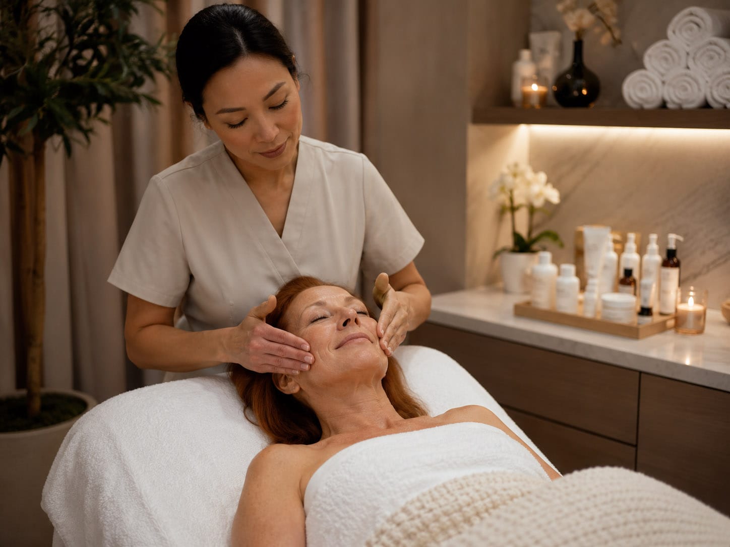 A woman receives a facial massage from a spa therapist while lying on a treatment bed in a softly lit room with towels and skincare products in the background.