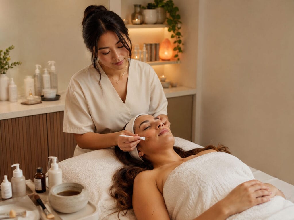 An esthetician applies a facial treatment to a woman lying on a spa bed, surrounded by skincare products in a softly lit room, ready to answer any faq about the process.