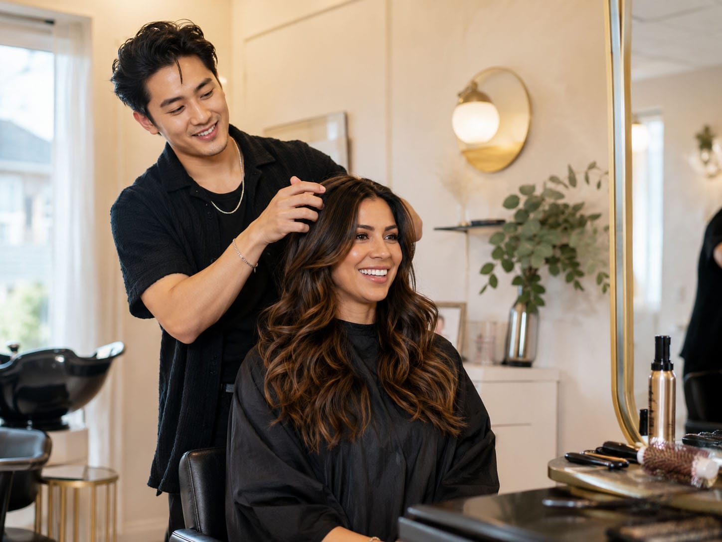 A hairstylist styles a woman's hair in a modern salon listed in the tenant directory. The woman is seated and smiling while the stylist arranges her long, wavy hair. Salon tools are visible on the counter.
