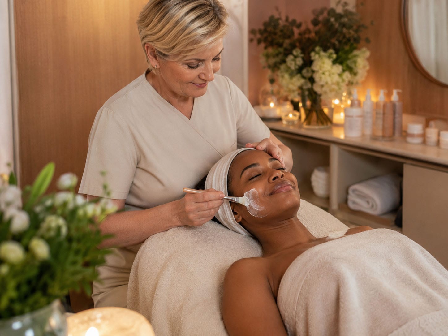 A spa worker applies a facial mask to a client lying on a treatment table, with towels and skincare products visible in the background—perfect for featuring in your tenant directory of wellness services.
