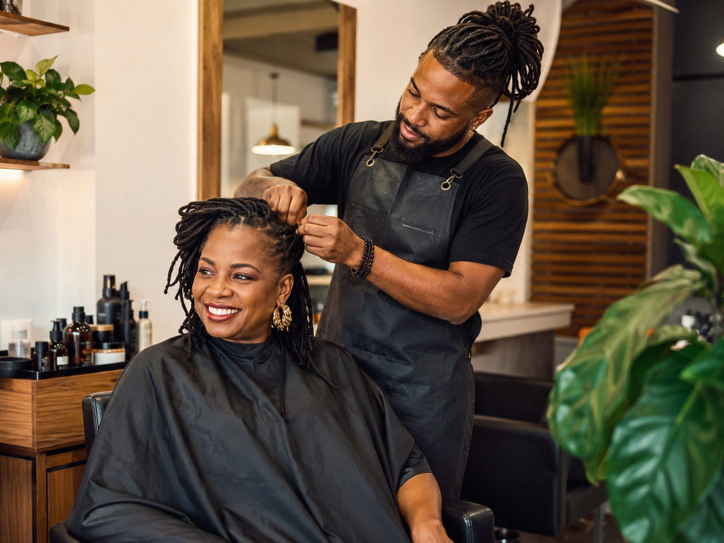 A hairstylist wearing an apron braids the hair of a smiling woman seated in a salon chair, while a tenant directory and hair products are visible among the plants in the background.