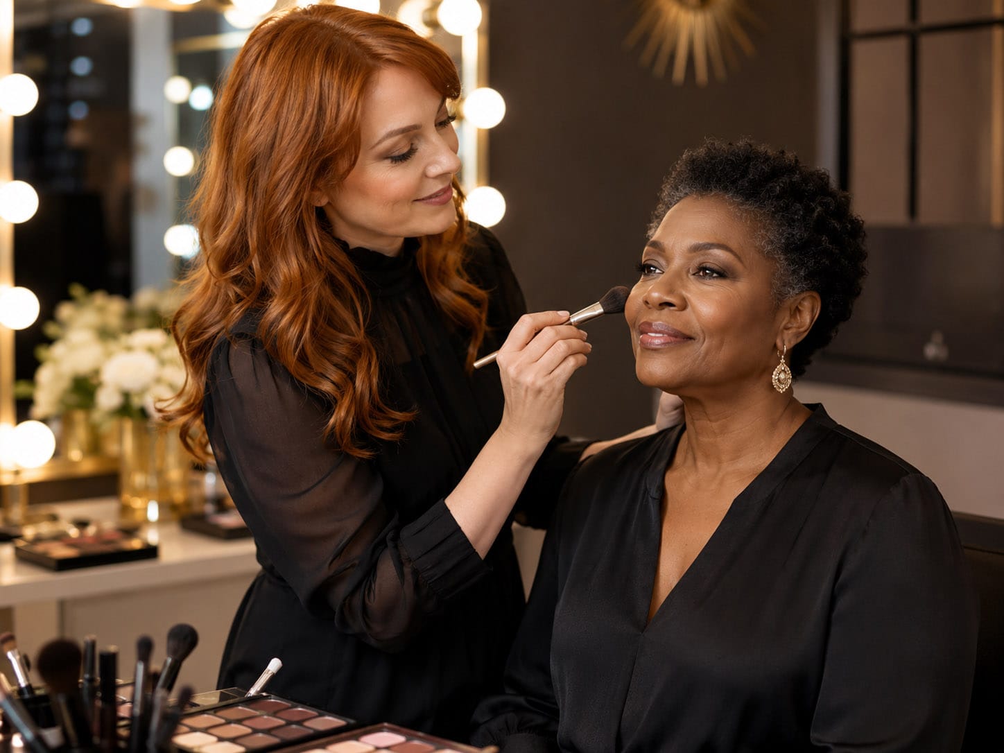 A makeup artist applies makeup to a seated woman in a well-lit dressing room. Both women are wearing black outfits and there are makeup products on the table.