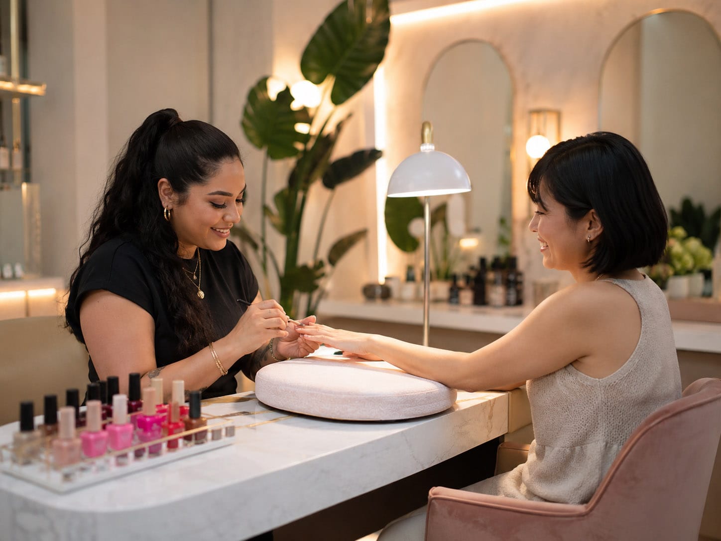 A nail technician applies nail polish to a smiling customer's nails at a manicure station in a well-lit, modern salon.