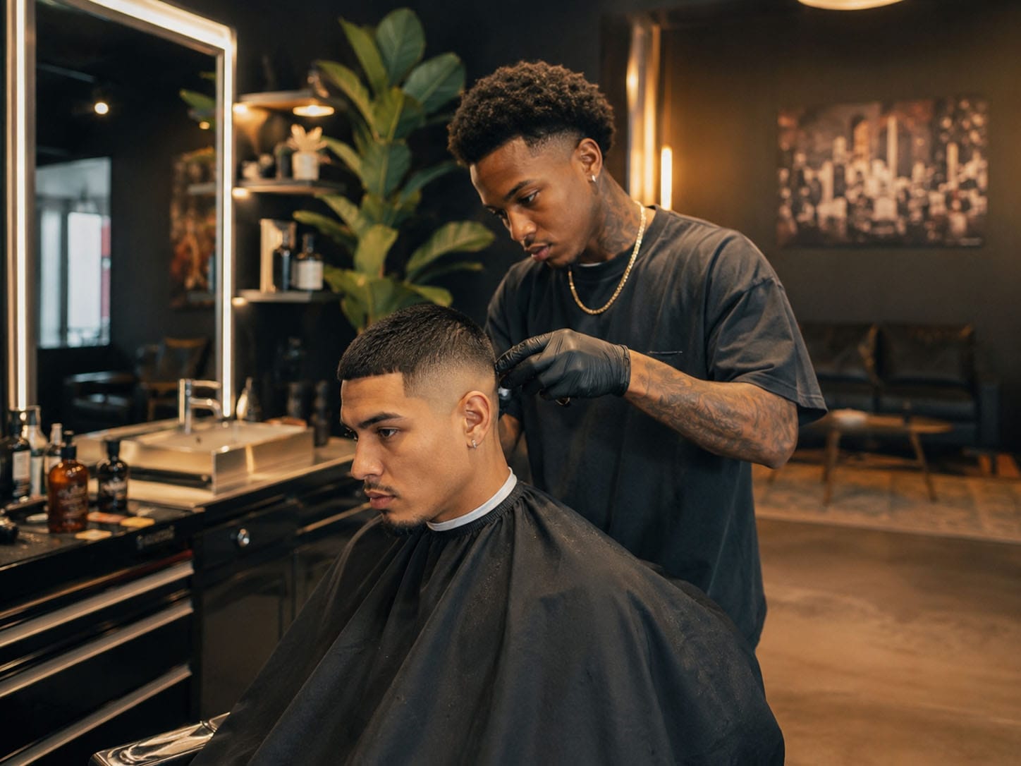 A barber wearing gloves gives a precise haircut to a seated client in a modern, well-lit barbershop, showing care about hygiene and attention to detail.