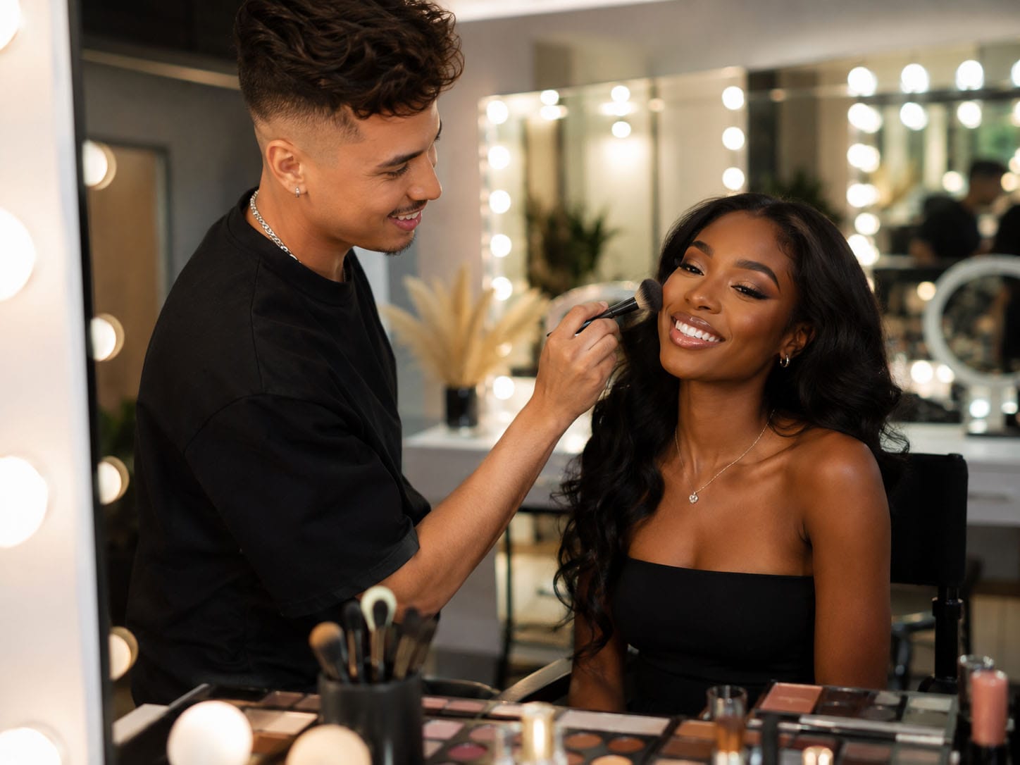 A makeup artist applies powder to a smiling woman seated in front of a vanity mirror with makeup products on the table, creating an inviting scene about beauty and self-care.