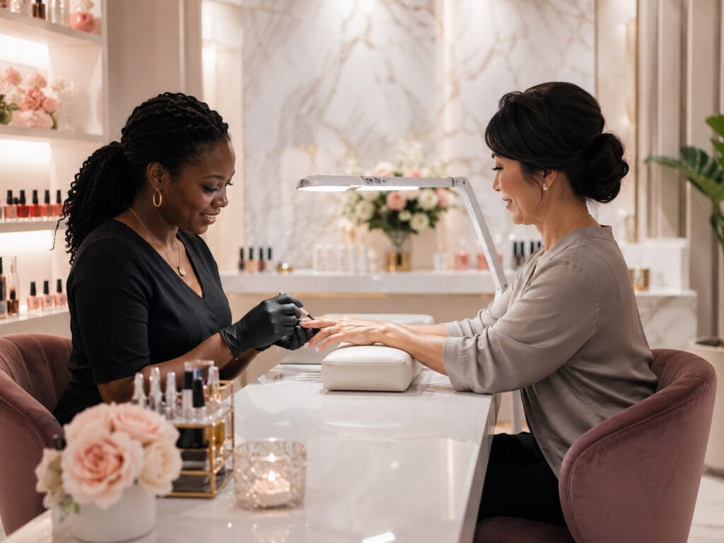 A nail technician wearing black gloves gives a manicure to a seated woman in a modern, well-lit salon with marble walls and pink chairs.