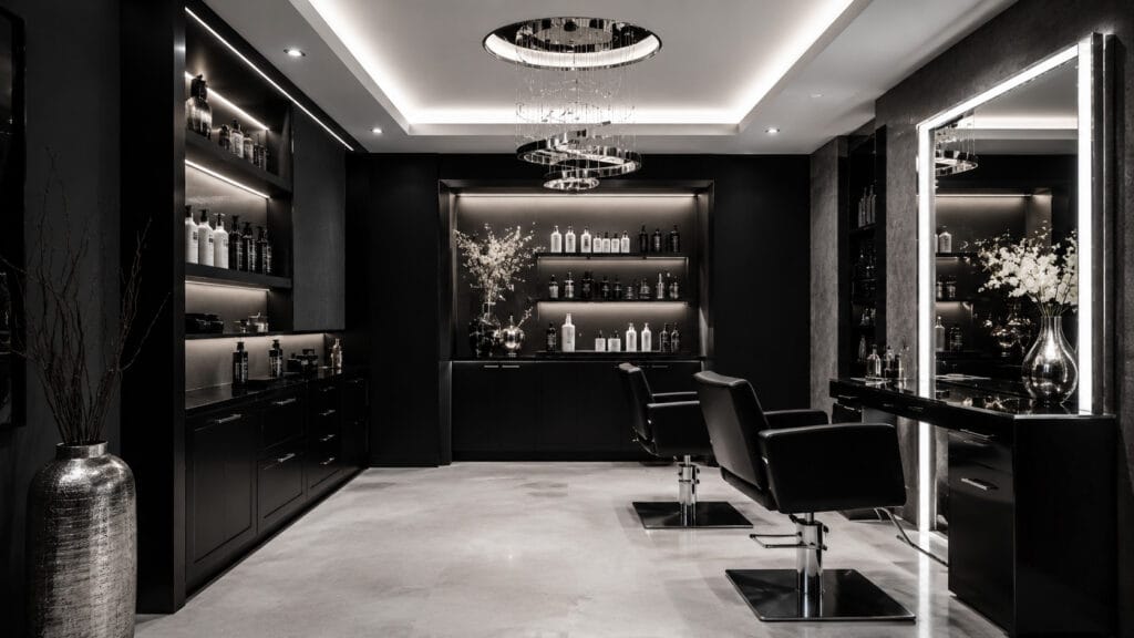 A modern, upscale hair salon featuring premium amenities like black chairs, illuminated mirrors, shelves of hair products, and decorative flowers in a sleek, monochromatic setting.