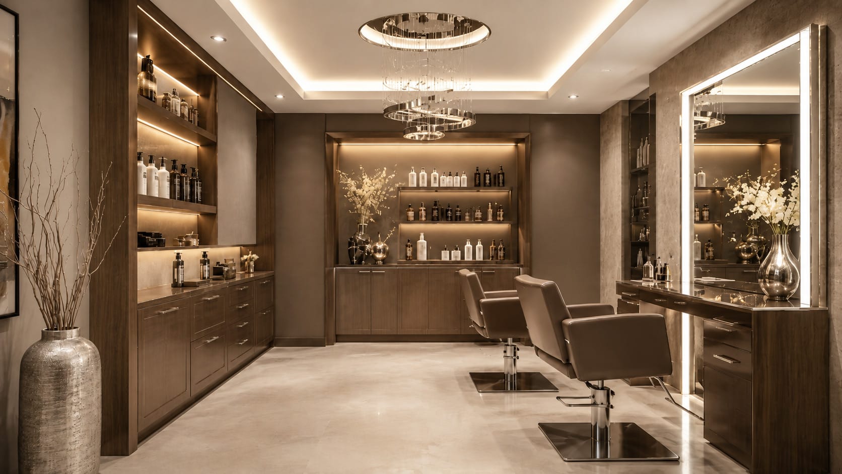 Modern hair salon interior with two brown styling chairs, large mirrors, shelves stocked with hair products, decorative lighting, neutral-toned decor, and thoughtful amenities for a comfortable experience.