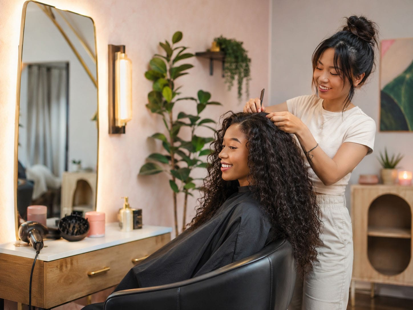A hairstylist is carefully arranging the long, curly hair of a smiling client seated in a salon chair, focused on bringing out the best in her look—it's all about making her feel confident and beautiful.